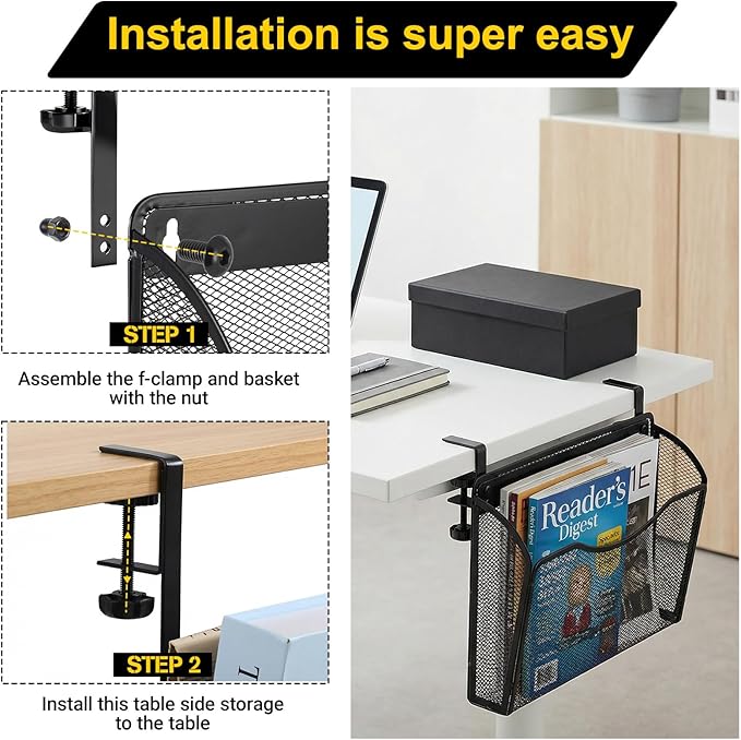 Clamp On Desk Organizer, 2-IN-1 Under Desk Side Organizer Storage Hanging Wall Mounted File Holder Under Desks Drawer Mesh File Organizers for Office Home Room Storage Basket