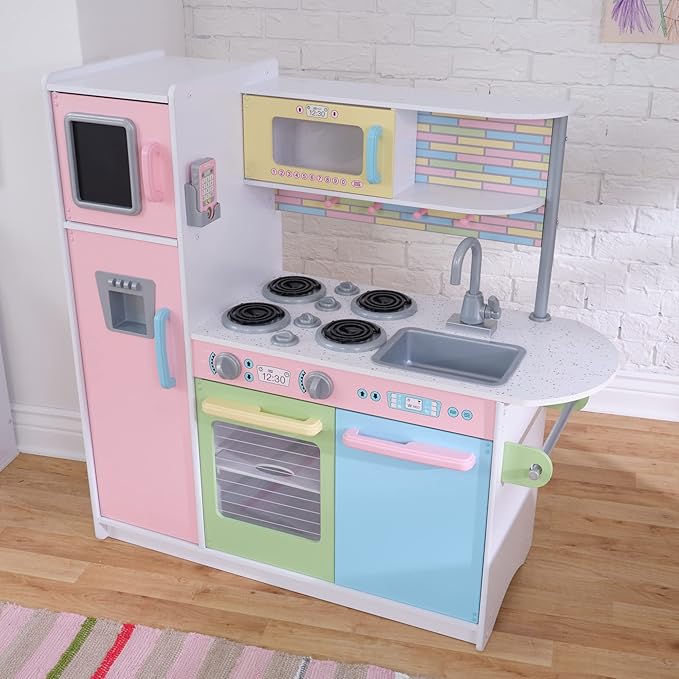 KidKraft Uptown Pastel Wooden Play Kitchen with Chalkboard, Play Phone, and See-Through Doors, Gift for Ages 3+