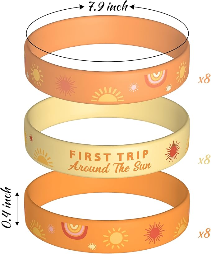 24Pcs Boho Sun First Trip Around the Sun Silicone Bracelets Stretch Rubber Wristbands Hippie Groovy Boho Rainbow Theme First Birthday Party Favors Supplies Baby Shower Gifts