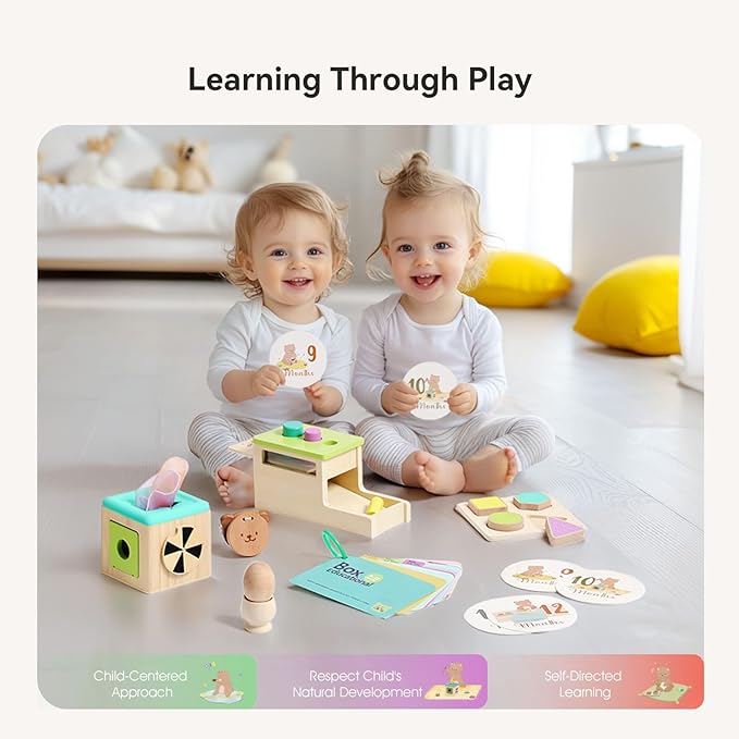 IEATFO Montessori Toys for Babies 9-12 Months, 7-in-1 Wooden Playful Learning Toys with Egg Cup, Castanets, Magic Tissue Box, Textured Shape Puzzle, Cylinder Drop Box and More, Stage-Based Toys