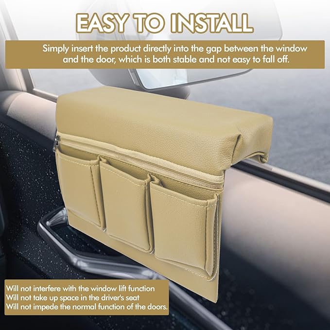 wuyaoyao Car Window Armrest Storage Box, Leather Automotive Door Side Storage Bag & Elbow Rest Pad, Multifunctional Vehicle Door Arm Rest Pad with Pockets, Universal Interior Car Accessories (Beige)