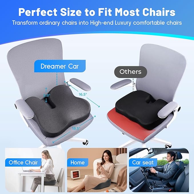 Seat Cushion, Wide & Soft Support Memory Foam Cushion for Office Chair, Desk Chair, Car Seat, Airplane, Ergonomic Sciatica, Hip & Tailbone Pain Relief Cushion for Long Sitting