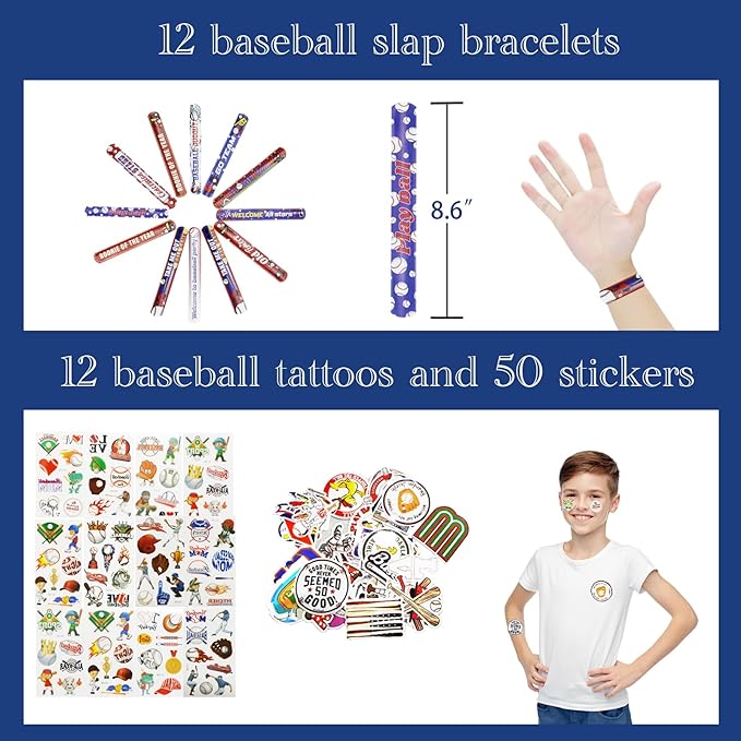 122 PCS Baseball Party Favors, Baseball Party Gifts with Mini Baseballs, Baseball Slap Bracelets, Key Chains, Whistles, Tattoos and Stickers, Baseball Birthday Decorations