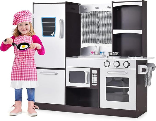 HOMGX Multi-Function Children's Kitchen Toy Set, Wooden Chef Pretend Toy Set w/Microwave, Stove, Sink, Faucet, Storage Cabinet & Shelf,Children's Play Kitchen for Boys & Girls Over 3 Years Old