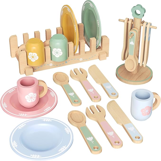 20 PCS Kitchen Playset with Wooden Toy Plates and Dishes, Montessori Kitchen Toys for Girls and Boys, Wooden Play Kitchen Accessories for Kids Toddlers Aged 3 and up