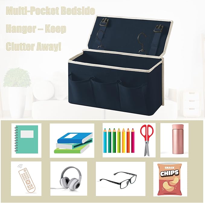 Bedside Caddy/Bedside Storage Organizer Hanging Bag with Three Options,Suitable for home beds, sofas, and dormitory beds—can hold magazines, books, phones, iPads, remote controls. (Navy Blue)