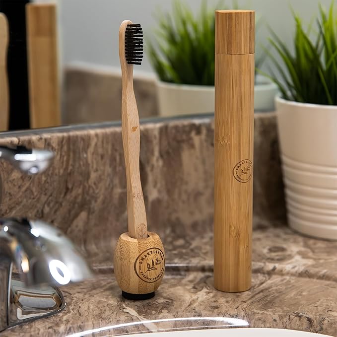 Bamboo Charcoal Toothbrushes (4 Pack) with Travel Case & Stand - Extra Soft Bristles for Adults & Kids Teeth | Zero Waste Travel Toothbrush Kit | Natural Eco-Friendly Wooden Brush Holder Cover