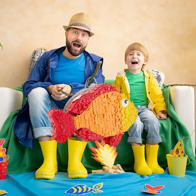 Lewtemi 16.5 in Fish Piñata and Piñata Stick with Blindfold Confetti Set Kids Pinata Fish Party Decorations Gender Reveal Piñata for Kids Baby Shower Christmas Birthday Ocean Themed Party Decorations