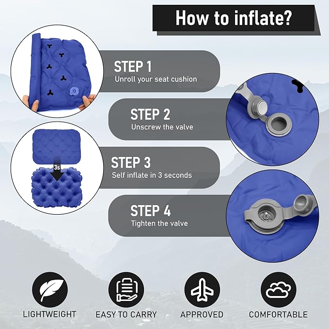 BreezCamp Inflatable Seat Cushion, Lightweight Stadium Seat Pad, Camping Accessories Chair Pad for Airplane Travel, Hiking, Climbing, Home and Office,Navy Blue