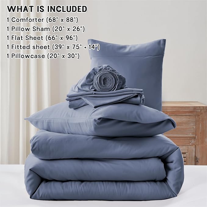 Anluoer Grayish Blue Twin Comforter Set 5 Pieces, Bed in a Bag with Sheets, All Season Bedding Sets with 1 Comforter, 1 Pillow Sham, 1 Pillowcase, 1 Flat Sheet, 1 Fitted Sheet
