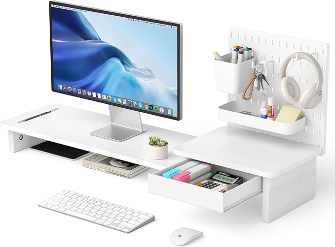 Pegboard Monitor Stand Riser,Computer Monitor Stand with 2 Hooks Cable Management Desk Organizer and Drawer for Laptop,PC,Computer,Printer,White