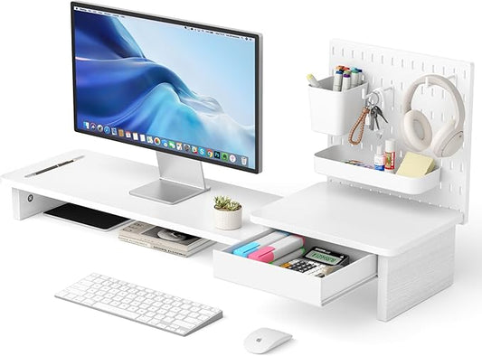 Pegboard Monitor Stand Riser,Computer Monitor Stand with 2 Hooks Cable Management Desk Organizer and Drawer for Laptop,PC,Computer,Printer,White