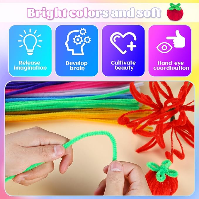 LOKUNN Pipe Cleaners, 200 Pcs Yellow Pipe Cleaners Craft Set, Solid Color Chenille Stems, DIY Arts and Crafts with Adhesive Eyes and Storage Box, Christmas Mother's Day Decoration Art Supplies