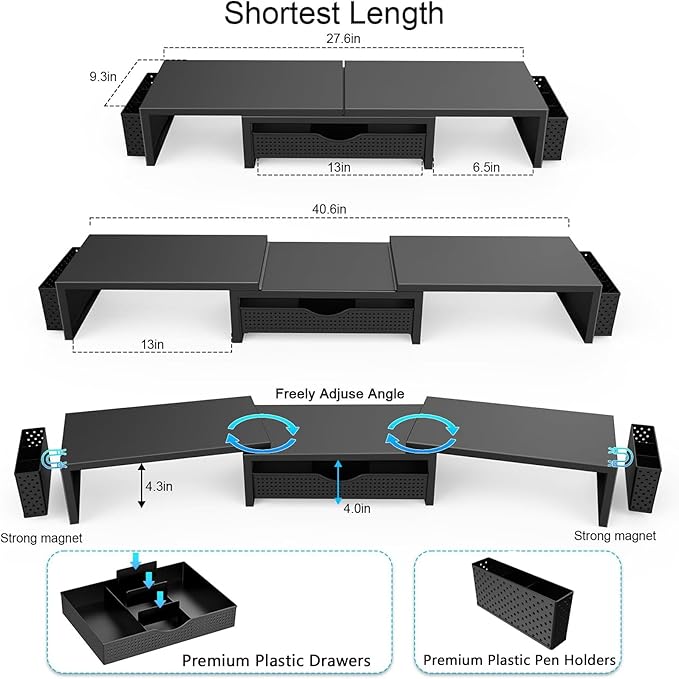 gianotter Dual Monitor Stand Riser, Desk Organizer With Drawer and 2 Pen Holders, Computer Monitor Stand, Shelf for Top of Desk, Black