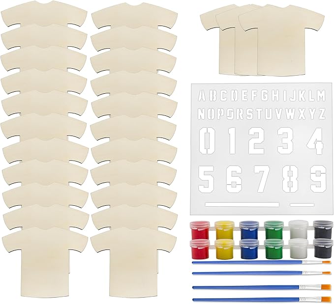 Attatoy Sports Kids’ Wooden Craft Kit (Party-Pack); Sport Jersey Decorating Art Painting Set w/ 25 Sports Shirt Cutouts