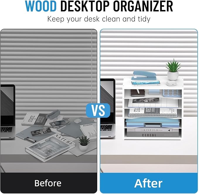 5-Tier Wood Desk Organizer, Paper Tray Organizer for Desk with Adjustable Storage Shelves, Desktop File Organization Paper Sorter Mail Holder for Office Home Classroom, White