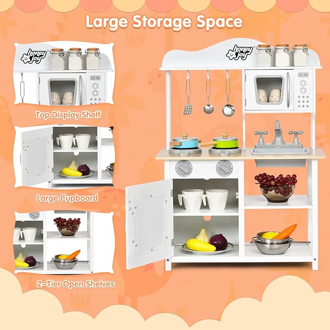 HONEY JOY Kids Wooden Kitchen Playset with Microwave, Sink, Stove & Oven, Cooking Accessories, Storage Shelf, Pretend Play Toy Kitchen Set, Gift for Boys Girls