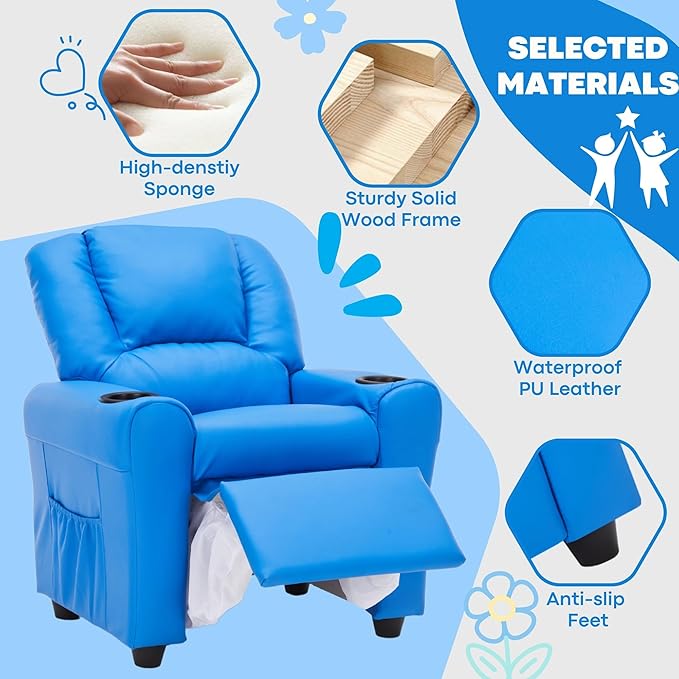 JC HOME Candy Kids Reclining Chair Leather Recliner Sofa Toddler Youth Children Child Ages 1-6