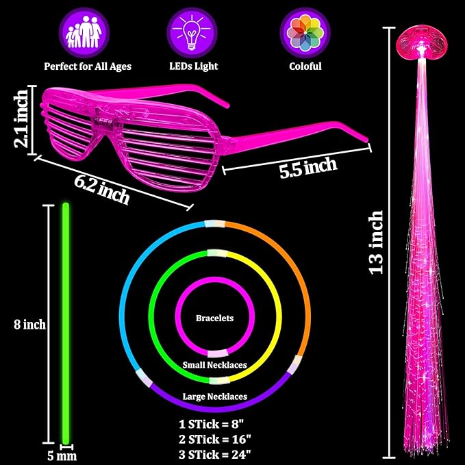 168 PCS Glow Party Supplies Light Up Party Favors with 16 Foam Glow Sticks, 16 LED　Glasses,120 Glow Sticks Bracelets and 16 LED Hair Clips Fiber Optic Neon Accessories for　Birthday, Wedding, Concert