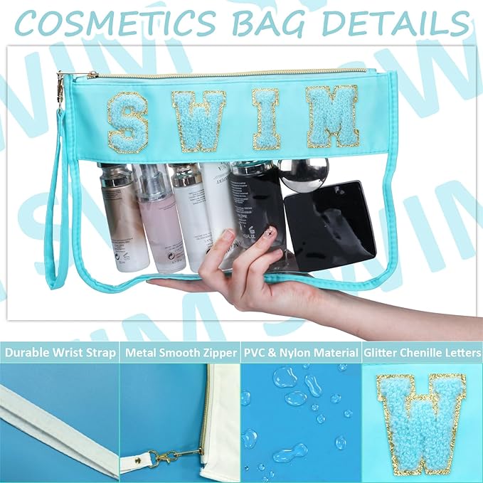 BuyCard 2 Pcs Swim Bag Cosmetic Makeup Bag with Chenille Letter Patch, Clear Pouch PVC Organizer Purse, Waterproof Travel Beach Bag, Portable Toiletry Storage Bag