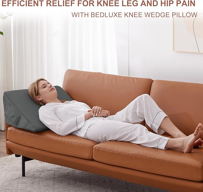 Bedluxe Knee Wedge Pillow - Memory Foam Leg Support for Sleeping, Post Surgery Triangle Pillow Wedge, Leg Elevation, Knees Hip Back Pain Relief (23.6 x 26 x 10, Extra Large, Black)