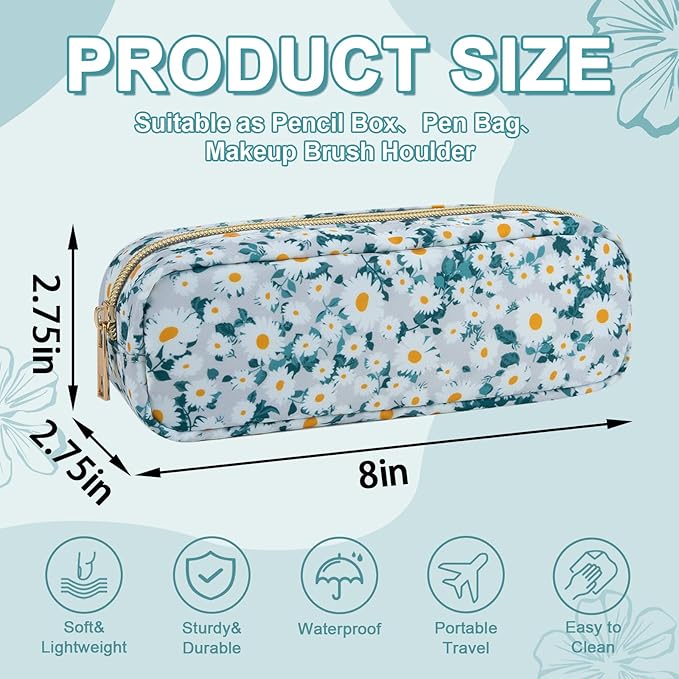 UIXIZQ Waterproof Small Floral Pencil Case Makeup Bag for Purse,Cute Flower Pencil Pouch Preppy Nylon Makeup Brush Holder with Zipper,Girls Portable Storage Case for Work(Slim Green-Daisy)