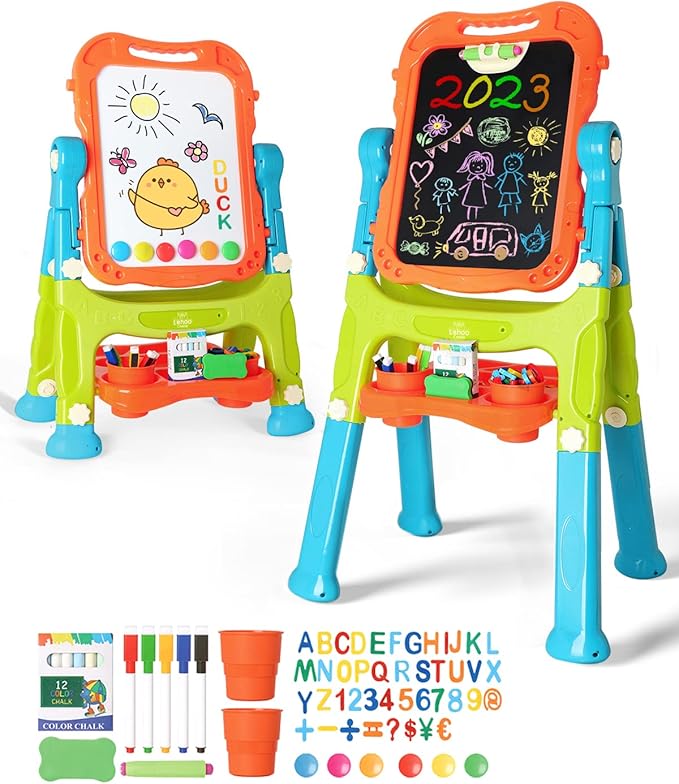 Lehoo Castle Easel for Kids, 4 in 1 Double Sided Kids Art Easel with Magnetic White Board & Chalk Board, Adjustable Standing Toddler Easel with Drawing & Writing Accessories - Gift for Boys and Girls
