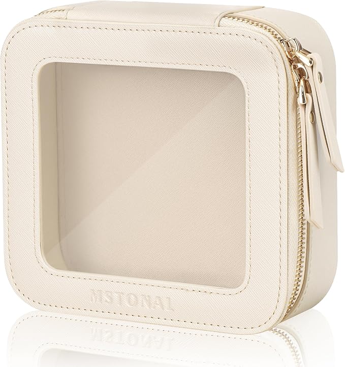 MSTONAL Clear Makeup Bag, Travel Toiletry Bag Cosmetic Case for Women, Waterproof Portable Small Make Up Skincare Pouch with Zipper, Compact Car Organizer Bag for Essentials, Mini Size, Beige