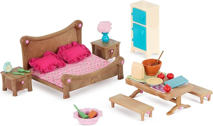 Li'l Woodzeez Master Bedroom & Dining Set – Miniature Furniture and Kitchen Accessories – 26pc Toy Set with Bed, Table, Fridge, and More – Toys for Kids Age 3+