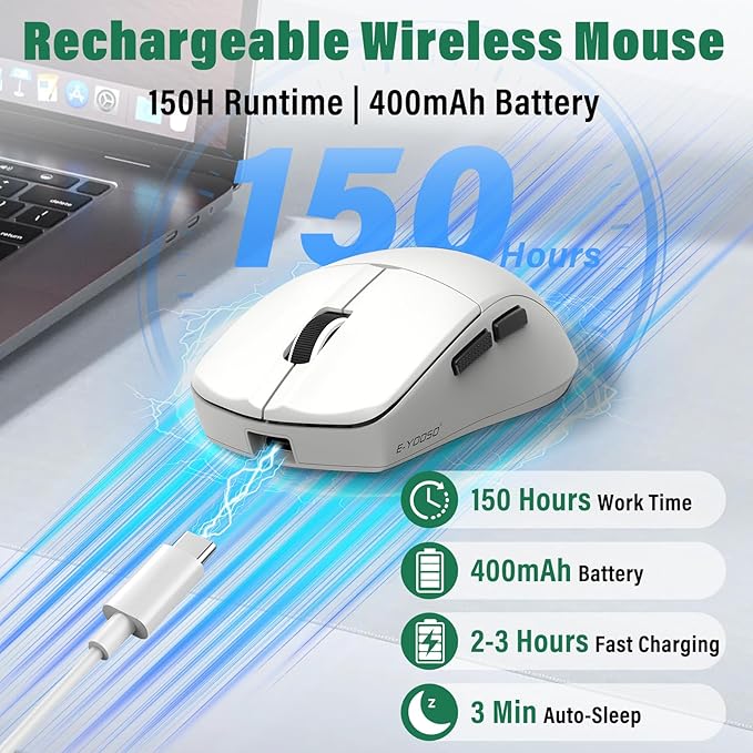 E-YOOSO XuanGui Rechargeable Wireless Mouse,Bluetooth Mouse for Laptop,Tri-Mode 2.4G/BT5.1/USB C,150 Hour Battery Life,5-Level DPI 4000 Max,50g Lightweight,for Laptop/PC/Computer/Mac/Tablet (White-1)