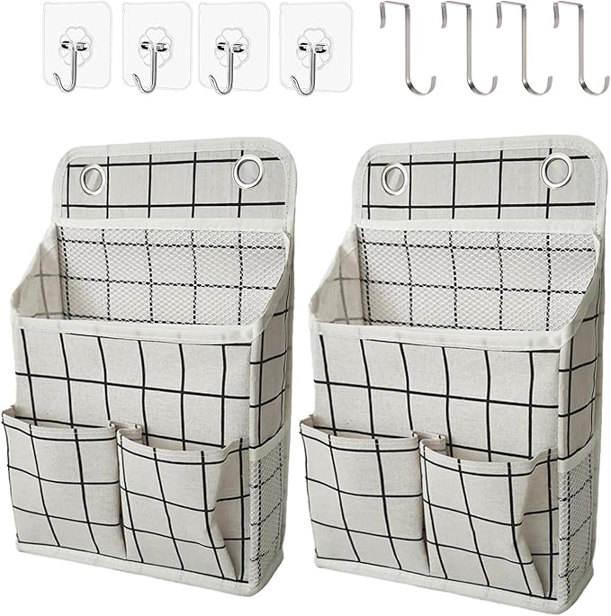 Hanging Basket for Organizing, Wall Organizer with Pockets and Over The Door Organizer，Can for Home, Closet, Office and Camper (White Grid2)