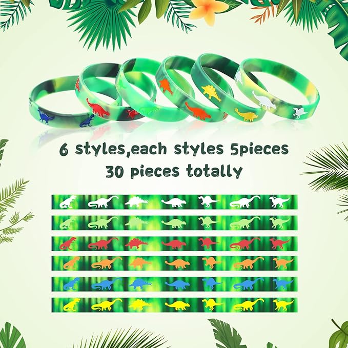 30 Pack Dinosaurs Silicone Wristbands Dinosaurs Wristband Bracelets Dinosaur Party Favors Bracelet Gifts Bag Stuffer for Jungle Dinosaur Themed Birthday Party Supplies (Green)