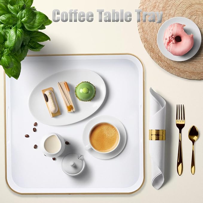 Omuriko White Square Decorative Tray with Handles, 13"*13" Versatile Serving Tray for Coffee Table, Ottoman, Ideal for Serving, Displaying, Organizing