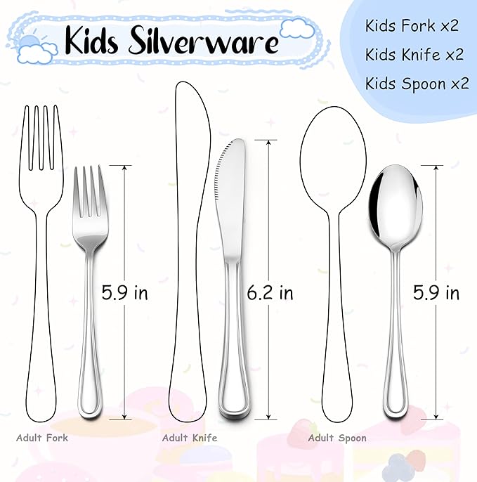 E-far 6-Piece Kids Silverware, Stainless Steel Toddler Utensils Safe for Preschooler/Children, Includes 2 Kids Forks 2 Spoons 2 Knife, Slimline Adult Look & Small Size, Rust Free & Dishwasher Safe