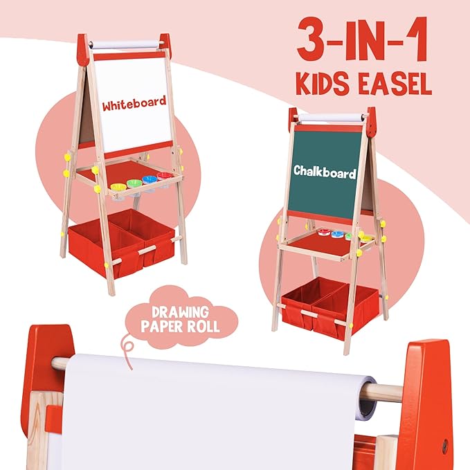 Joyooss Art Easel for Kids Easel for Toddlers, Adjustable Standing Wooden Toddler Easels Kids Magnetic Double Sided Whiteboard & Chalkboard, Art Easel for Kids Age 2-4 4-8 9-12 Toddler Art Easel Kid