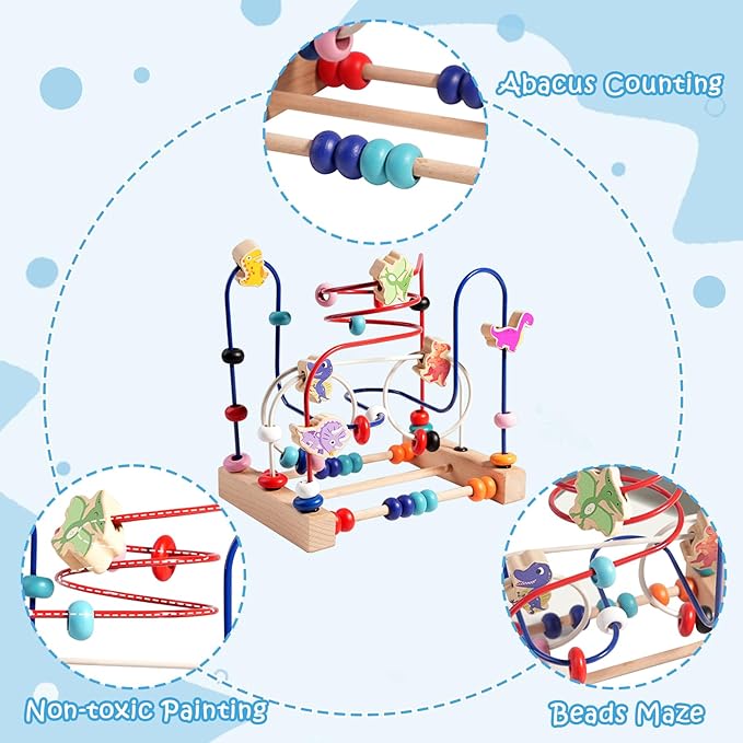 Wooden Bead Maze Toy for Toddlers, Dinosaur Themed Colorful Roller Coaster Abacus Activity Toy,Early Learning Educational, Fine Motor Skill Development, Gift for 3+ Boys and Girls