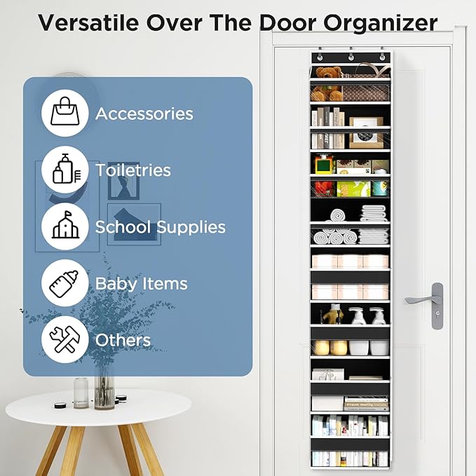 Over The Door Organizer, 8 Shelf Door Hanging Organizers with 8 Large Capacity Pockets, Back of Door Organizer Storage Hanging Shelves for Closet Bathroom Bedroom Nursery