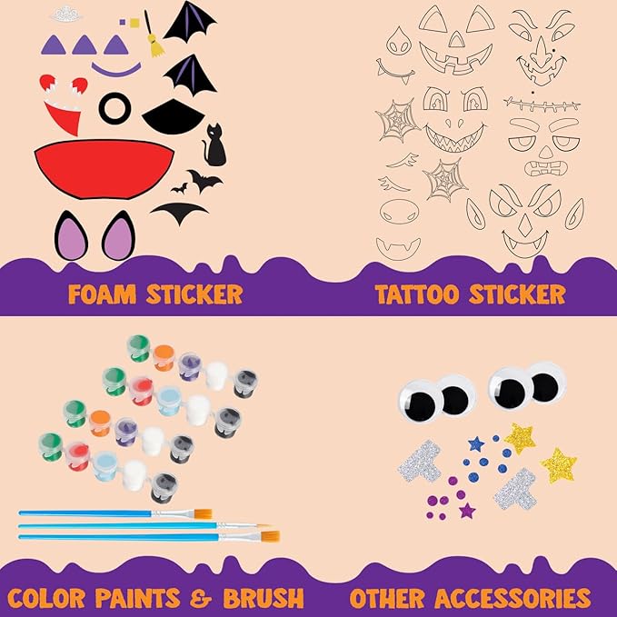 Klever Kits Halloween Pumpkin Decorating Kit, Halloween Arts and Craft Party Favors for Kids, Pumpkin Painting Kits Party Supplies, Halloween DIY Coloring Pumpkin Decorations, School Activities Games