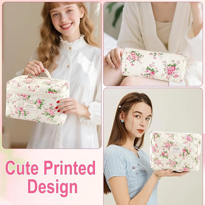 URSKYTOUS 3Pcs Cotton Quilted Makeup Bag for Women Girls Large Small Travel Pink Floral Cosmetic Bags Set Cute Coquette Makeup Pouch for Purse Aesthetic Cloth Flower Storage Toiletry Bag Organizer