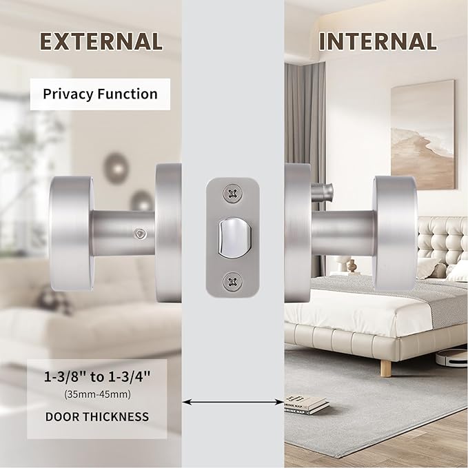 Brushed Nickel Door Knobs Interior, Satin Nickel Privacy Door Knob Interior with Lock, Round Modern Keyless Bedroom and Bathroom Door Handles