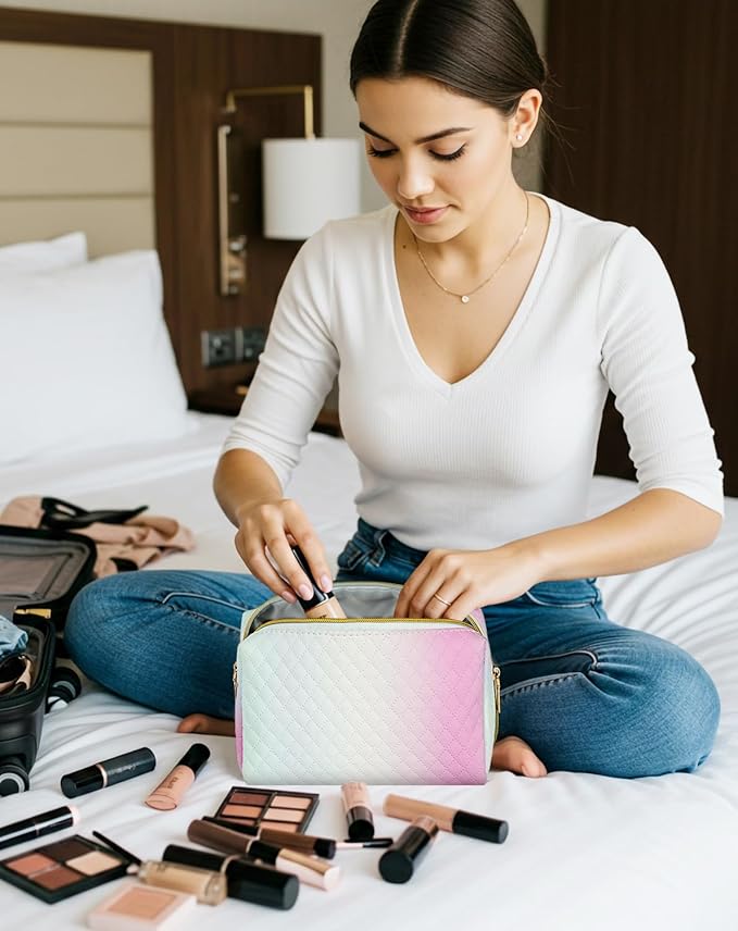 Aosbos Small Makeup Bag Travel Size Makeup Bag Cosmetic Travel Bag Makeup Bags for Women Makeup Pouch Cute Make Up Bag for Purse Gradient White Pink