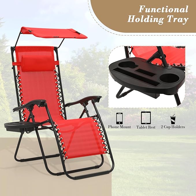 Athena Collection Zero Gravity Outdoor Lounge Chair Set of 2 with Canopy Shade, 25" Width Pool Lounge Lawn Chairs Reclining with Cup Holder, Outdoor Chaise for Beach Patio Outside, Red