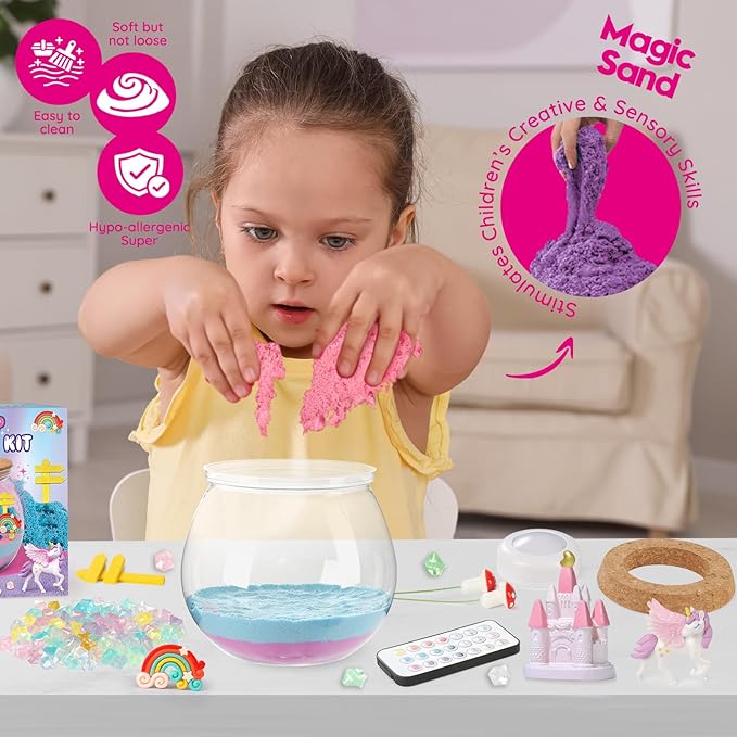 ACRABROS Unicorn Terrarium Kit for Girls: LED & Glow Stones Present for Birthday - DIY Art for Activity Toy Gift - Light up Decoration with Sand Set - Craft Idea for Kids Age 4 5 6 7 8-12 Year Old