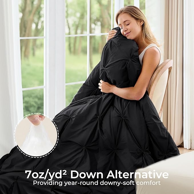Sasttie King Size Comforter Set, 7-Piece Bed in a Bag, Pintuck Bedding Set for All Season, Includes Comforter, Flat Sheet, Fitted Sheet, Pillowcases and Pillowshams, Black