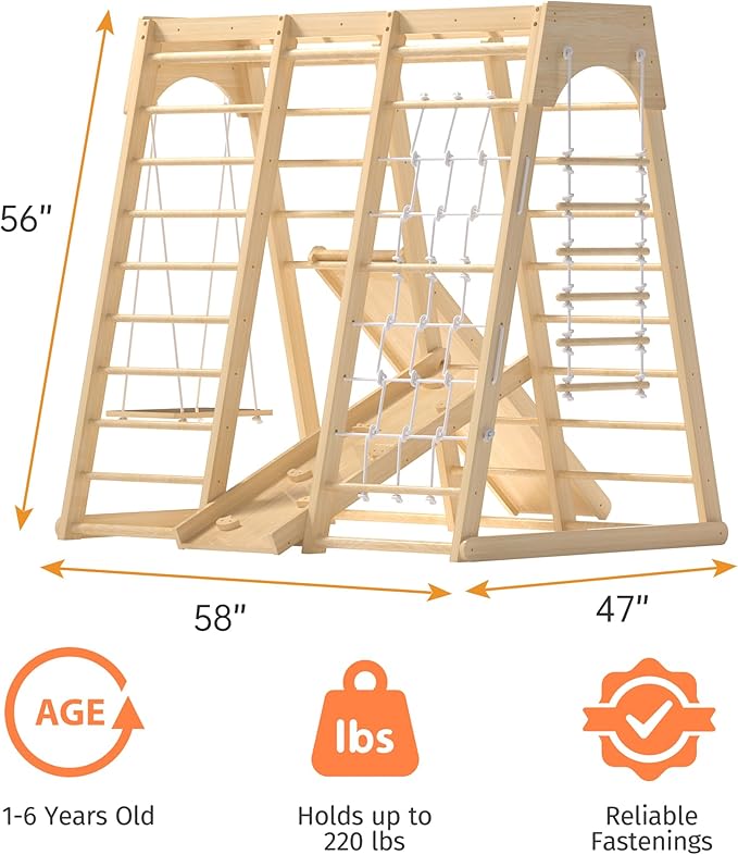 Indoor Jungle Gym, Montessori Climbing Toys, Toddler Indoor Playground Set 8-in-1 with Swing, Armband, Rock Climb Wall, Slide, Monkey Bar, Wood & Rope Ladder, Rope Wall Ladder for Kids 1-8yrs