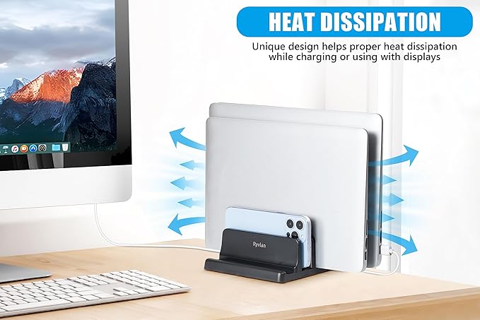 Ryvlan Vertical Laptop Stand, 3 Slot Adjustable Laptop Storage Rack and Desk Organizer, Silicone-Padded Holder for Multiple Devices Storage, Compatible Stand for Tablets and Devices up to 17 Inches