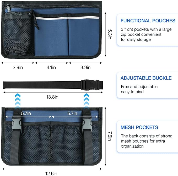 Wheelchair Bag, Walker Bag, Armrest Organizer Pouch with Cup Holder, Reflective Strip, Accessories for Most Wheelchairs, Walkers, Rollators (Navy Blue)