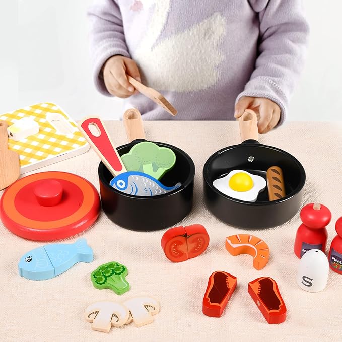 Atoylink Wooden Kids Kitchen Playset 44 Pcs Play Kitchen Accessories with Cookware, Pot, Vegetable, Fish, Play Food Set, Toddler Kitchen Toys Pretend Play Toy Gift for Kids Boys Girls Aged 3+