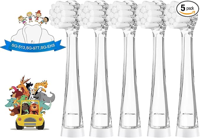 TEETECK 5 Pack Kids Toothbrush Replacement Heads Compatible with SEAGO- 513/977/EK6,Compatible with Brush-Baby WildOnes/KIDZSONIC（Not BabySonic Series）,Compatible with Dada-Tech-BB1/977/K6