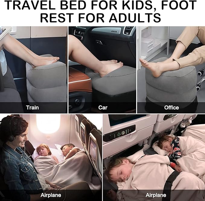 JefDiee Inflatable Foot Rest Pillow, Kids Airplane Bed, Adjustable 3 Layers Height Leg Rest Pillow, Airplane Travel Essentials Great for Office, Home, Trains, Cars